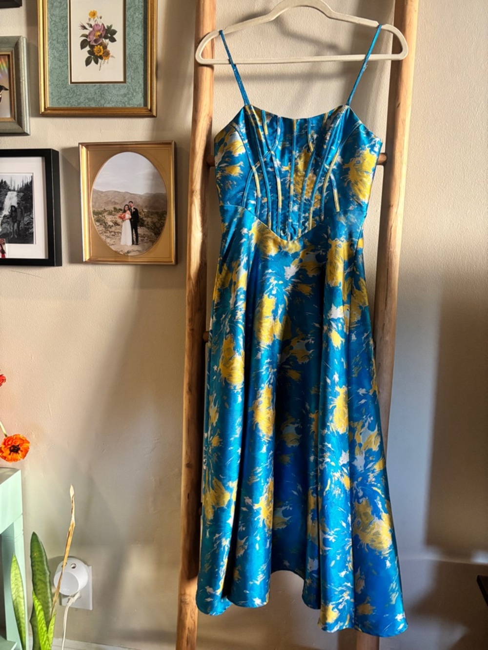 Lulu's Blue and Gold Floral Spaghetti-Strap Wedding Guest Dress